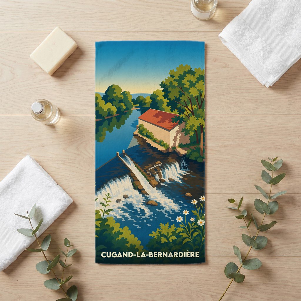 Serviette de bain souvenir de Cugand-la-Bernardière illustrée d'un paysage de rivière et d'un ancien moulin.
