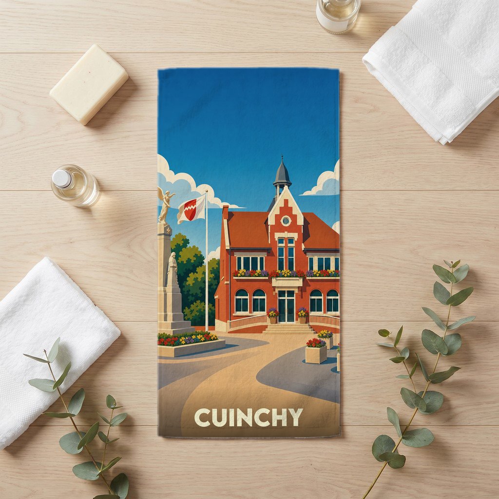 Serviette de bain souvenir de la ville de Cuinchy avec une illustration stylisée de son hôtel de ville.