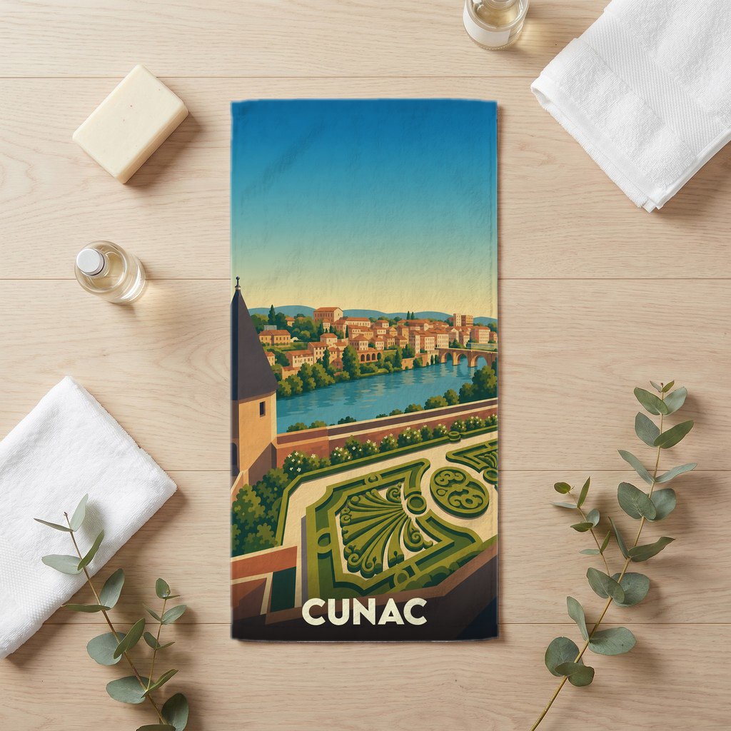 Serviette de bain souvenir de la ville de Cunac avec une illustration stylisée.