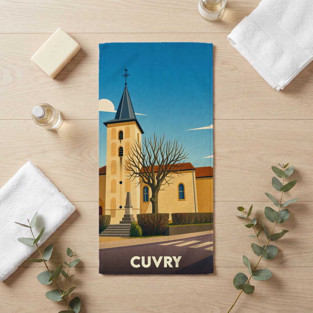 Serviette de bain souvenir de la ville de Cuvry ornée d'une illustration stylisée de son église.