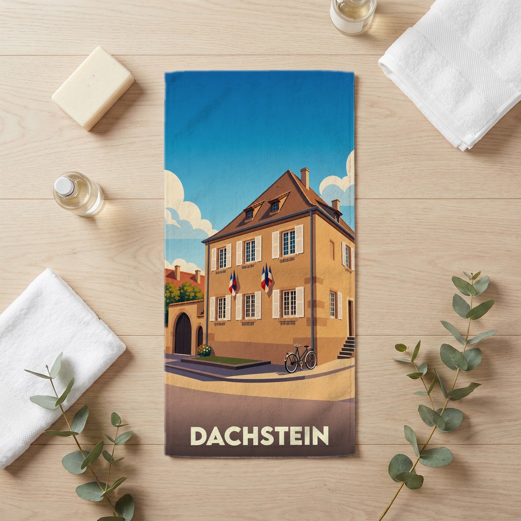 Serviette de bain souvenir de la ville de Dachstein avec une illustration stylisée d'un bâtiment traditionnel.