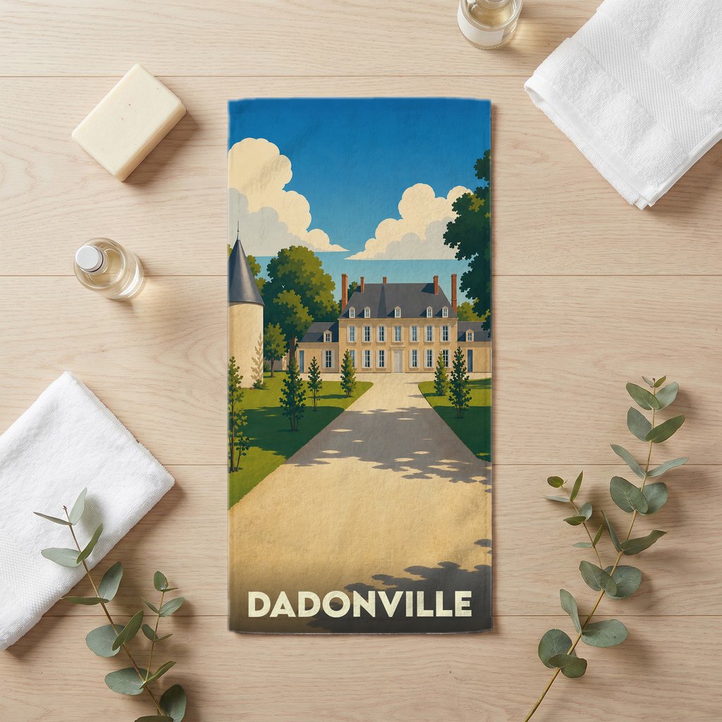 Serviette de bain souvenir de la ville de Dadonville avec une illustration stylisée d'un château.