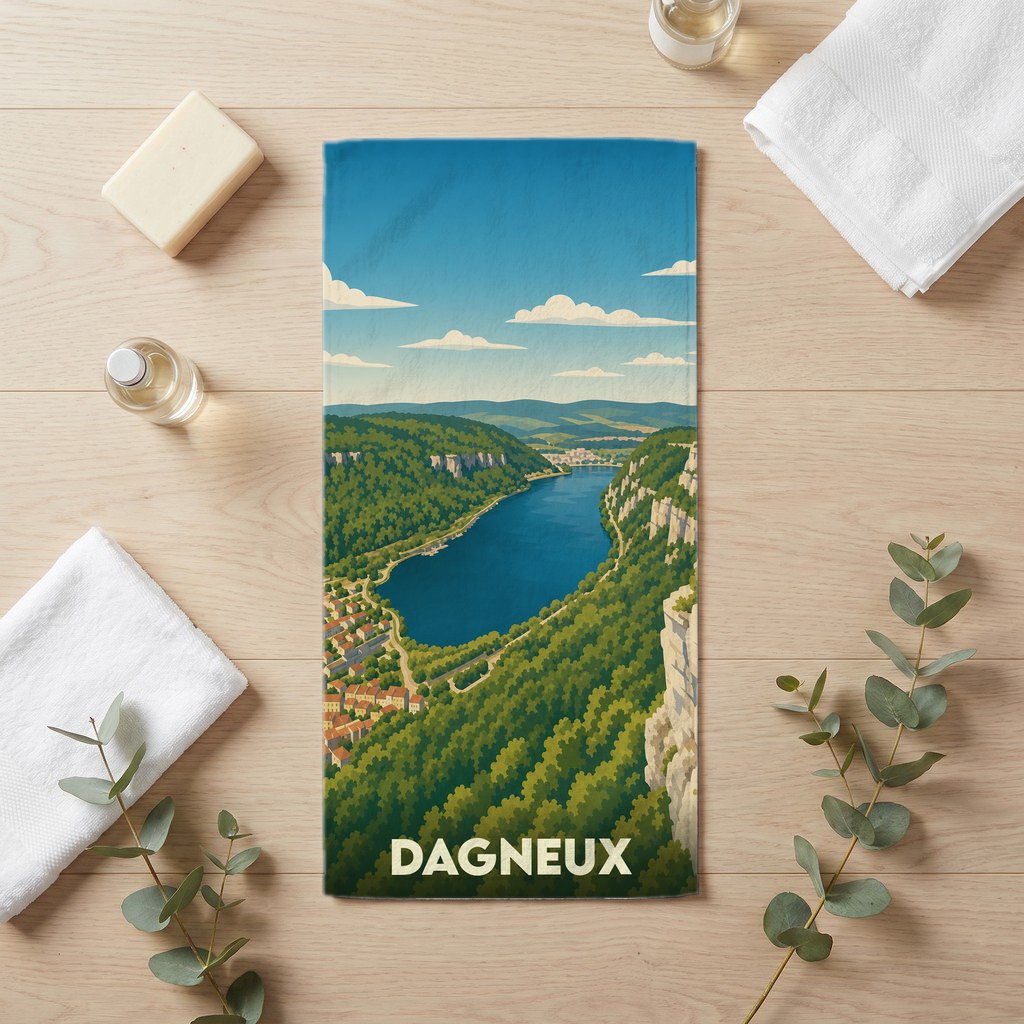 Serviette de bain souvenir de la ville de Dagneux avec une illustration stylisée d'un paysage naturel.