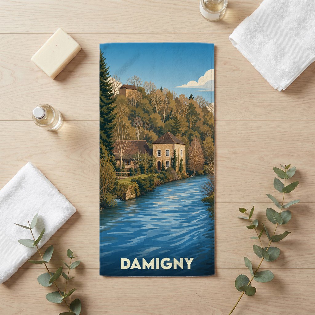 Serviette de bain souvenir de la ville de Damigny illustrée d'un paysage pittoresque au bord de l'eau.