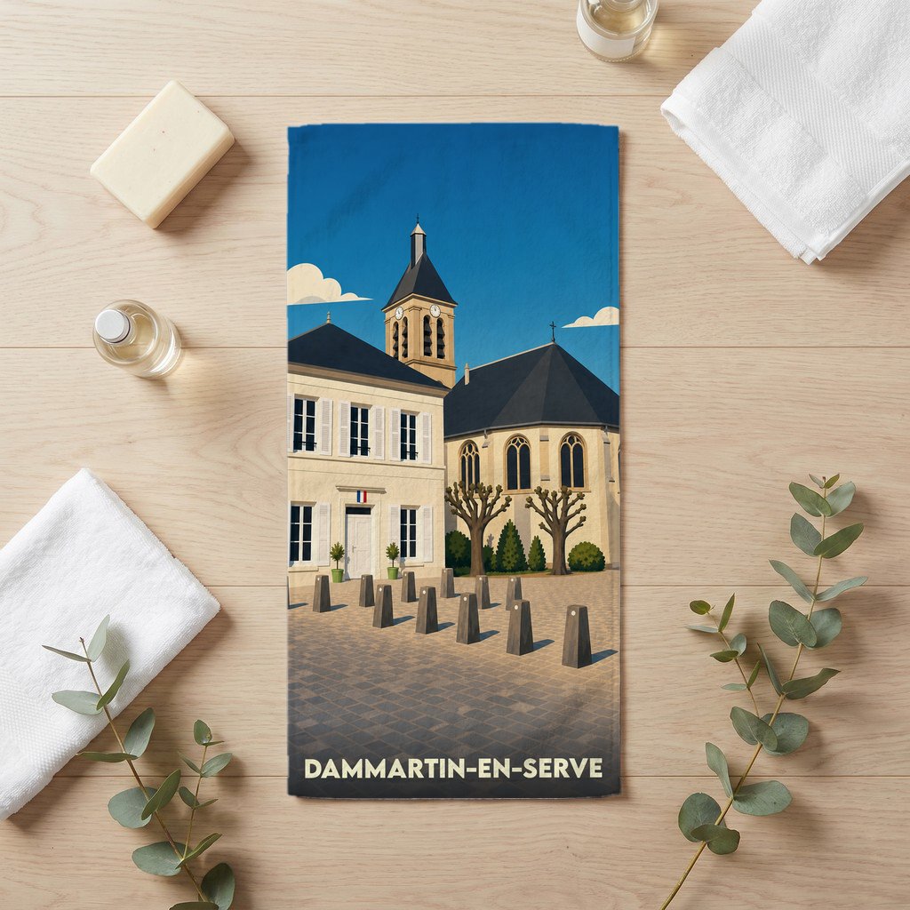 Serviette de bain souvenir de Dammartin-en-Serve avec une illustration stylisée de sa mairie et de son église.