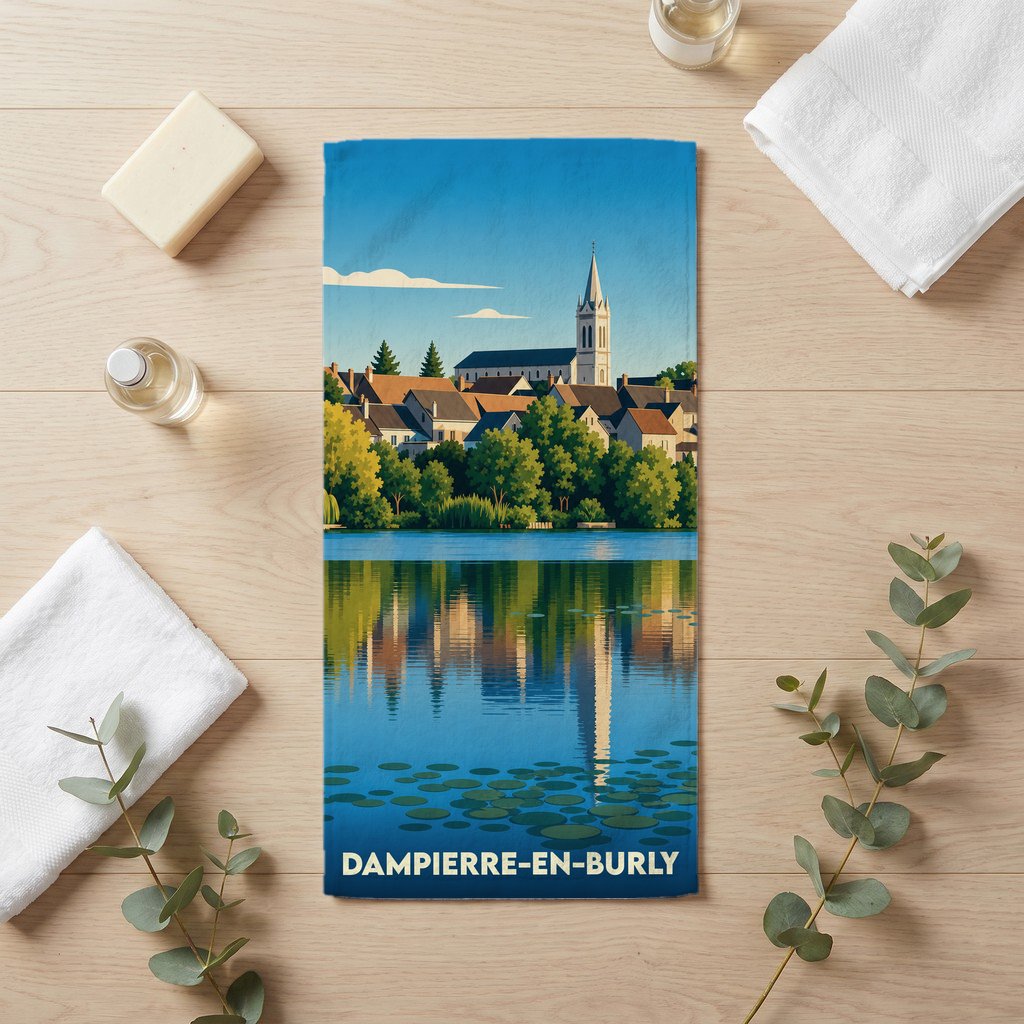 Serviette de bain souvenir de Dampierre-en-Burly illustrée d'une vue bucolique du village se reflétant dans son étang.