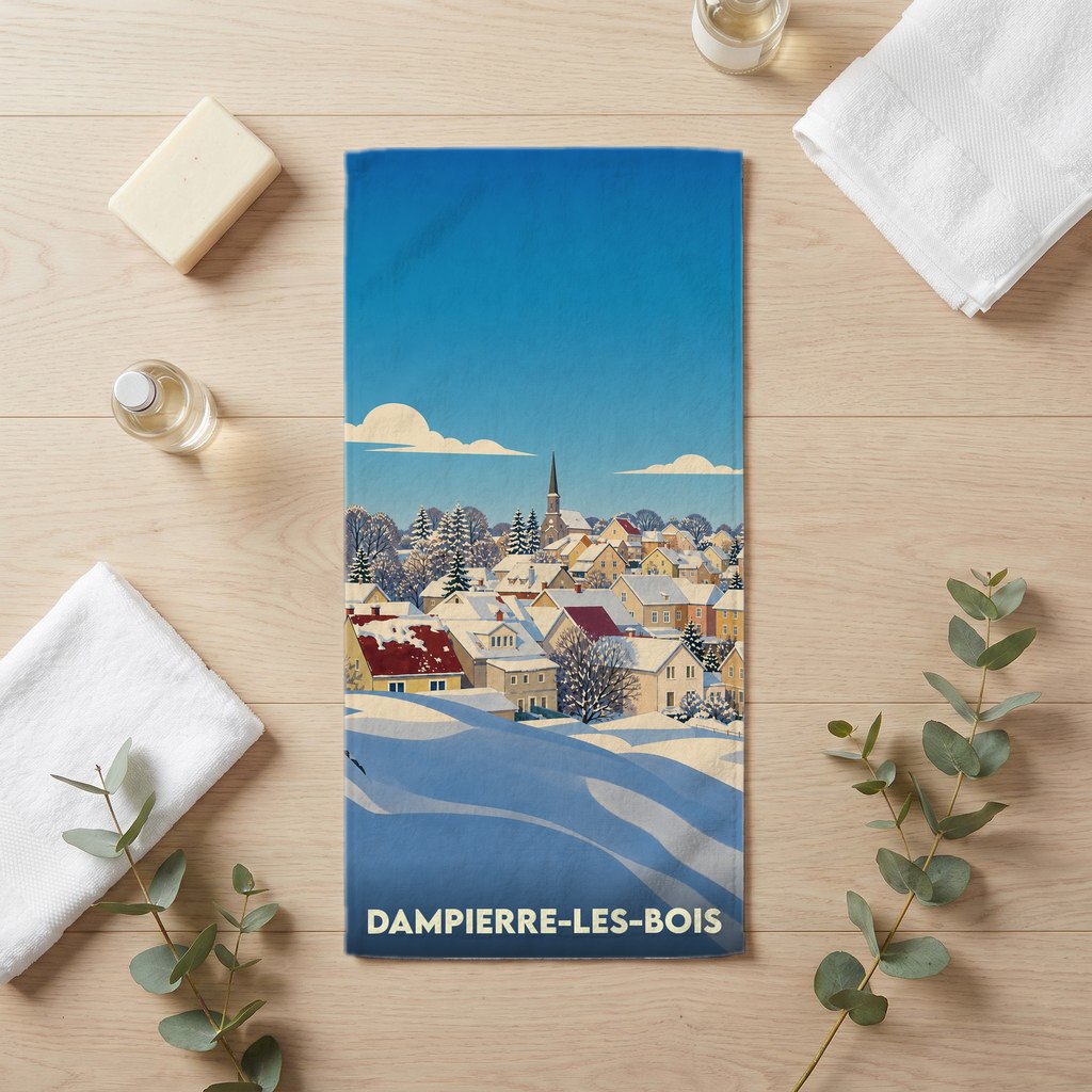 Serviette de bain souvenir de Dampierre-les-Bois avec une illustration hivernale stylisée.