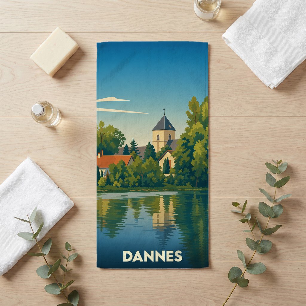 Serviette de bain souvenir de la ville de Dannes avec une illustration stylisée d'un paysage lacustre.
