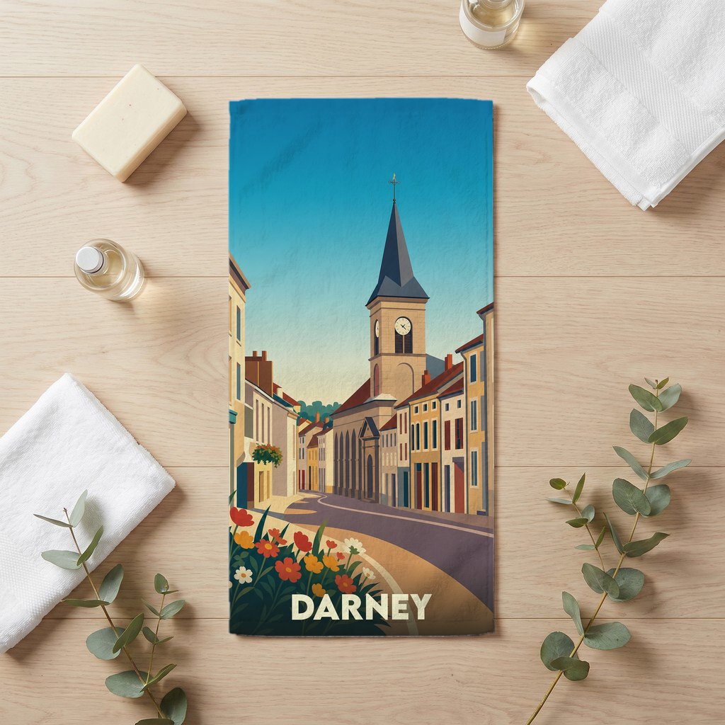 Serviette de bain souvenir de la ville de Darney avec une illustration stylisée d'une rue menant au clocher de l'église.