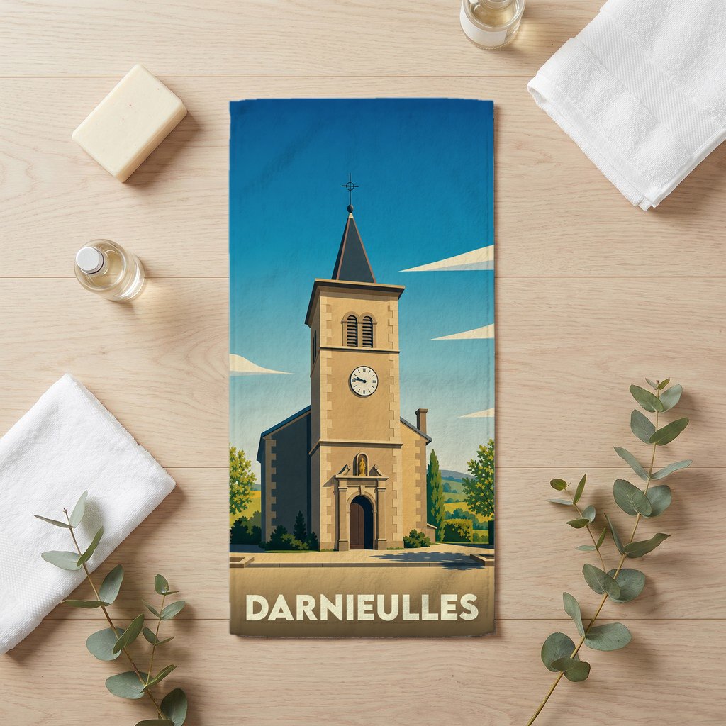 Serviette de bain souvenir de la ville de Darnieulles illustrée d'une église de style vintage.