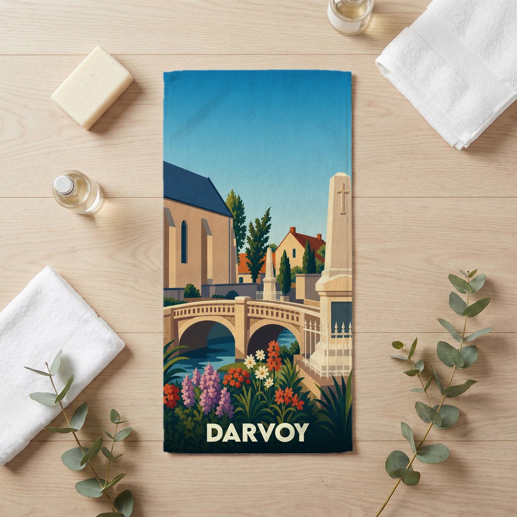 Serviette de bain souvenir de la ville de Darvoy avec une illustration stylisée.