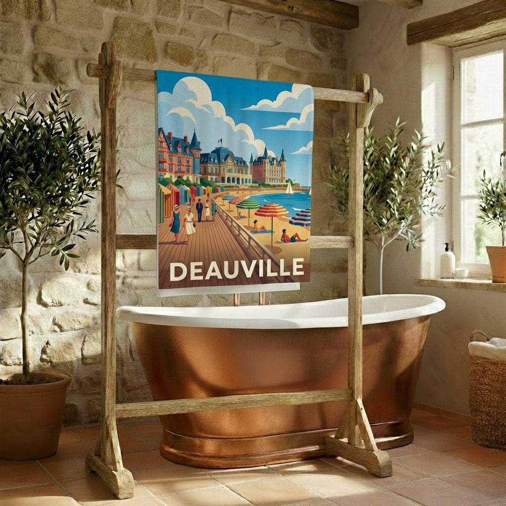 Serviette de bain souvenir de la ville de Deauville avec une illustration stylisée de son front de mer.