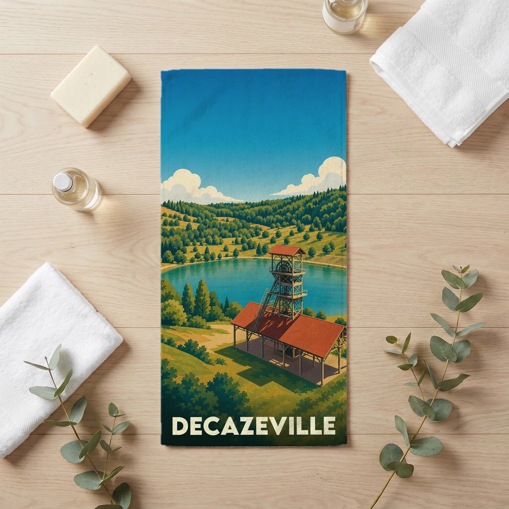 Serviette de bain souvenir de la ville de Decazeville avec une illustration stylisée d'un chevalement minier face à un lac.