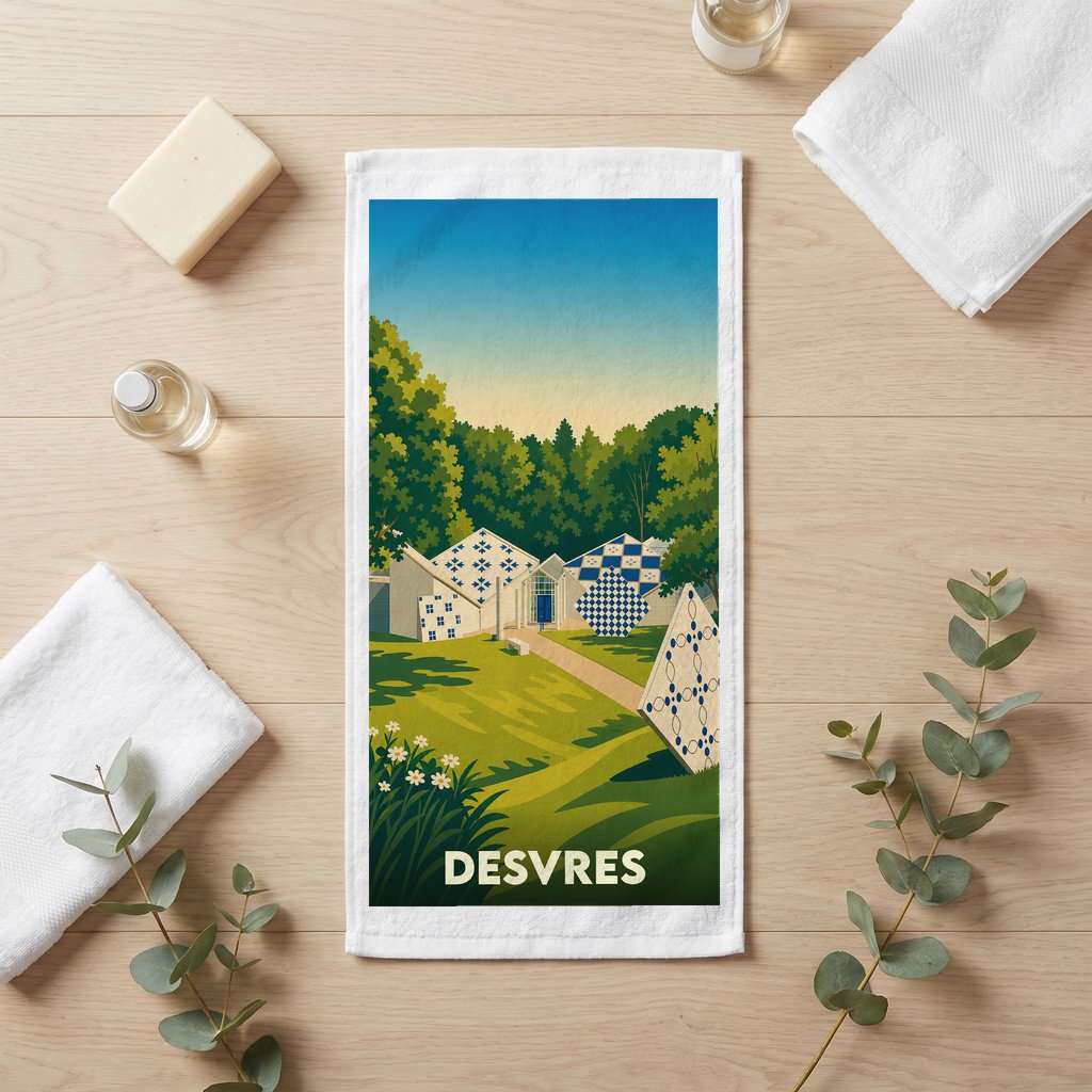 Serviette de bain souvenir de la ville de Desvres avec une illustration stylisée.