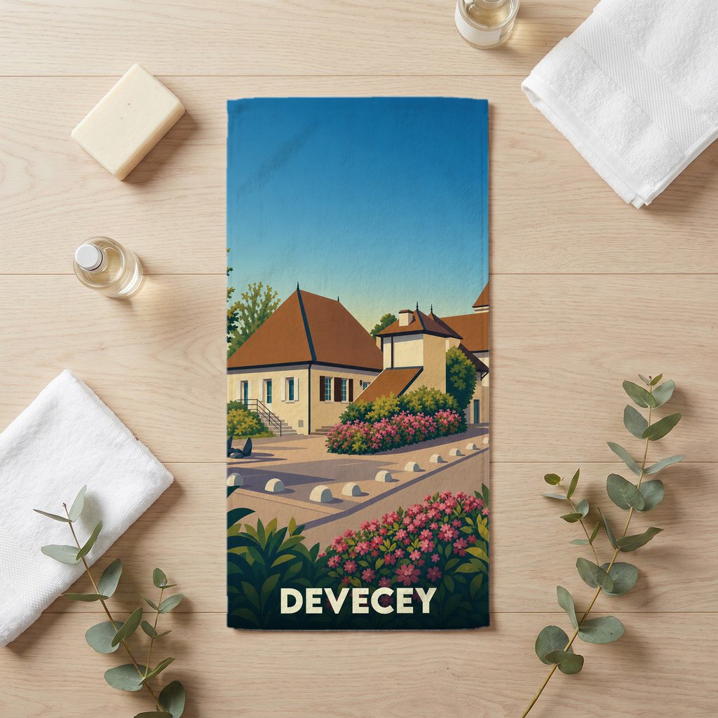 Serviette de bain souvenir de la ville de Devecey avec une illustration stylisée.