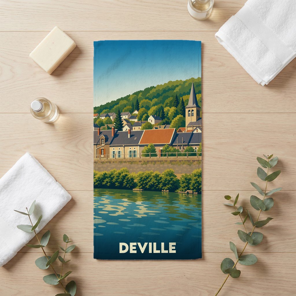 Serviette de bain souvenir de la ville de Deville avec une illustration stylisée d'un paysage fluvial.