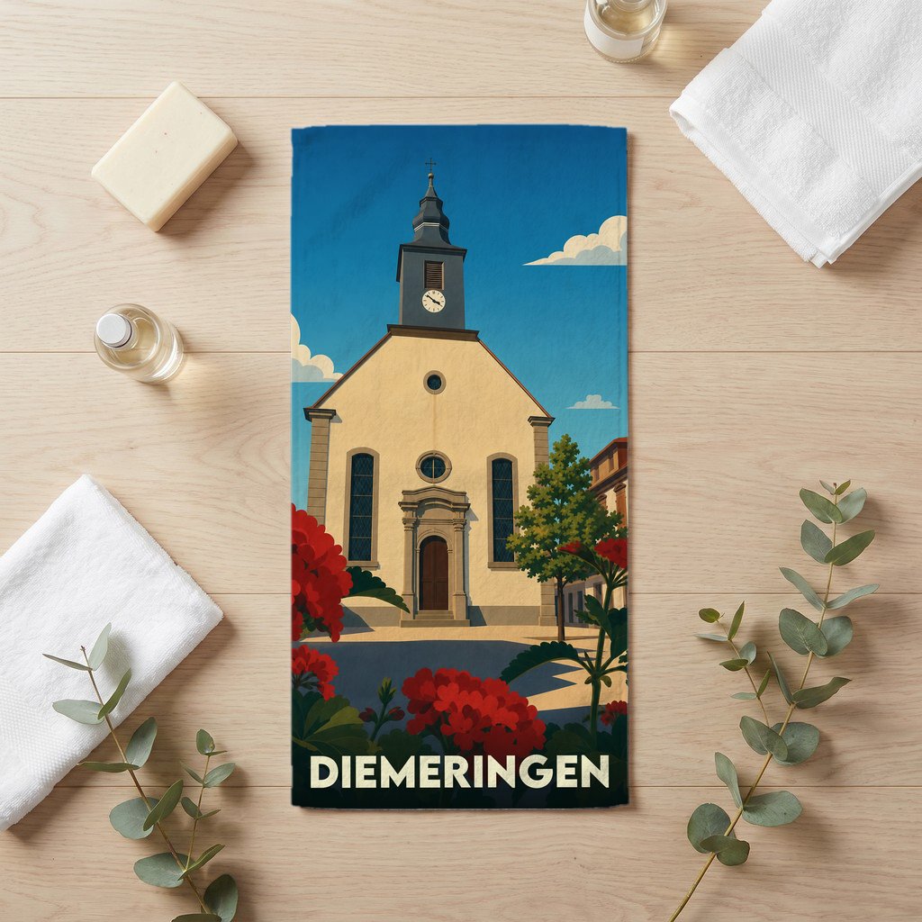 Serviette de bain souvenir de la ville de Diemeringen avec une illustration stylisée de son église.