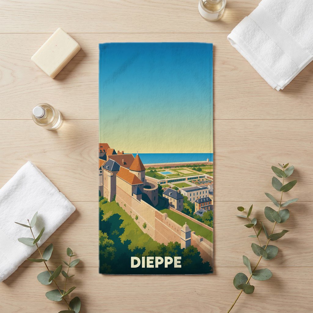 Serviette de bain souvenir de la ville de Dieppe ornée d'une illustration stylisée de son château et du front de mer.