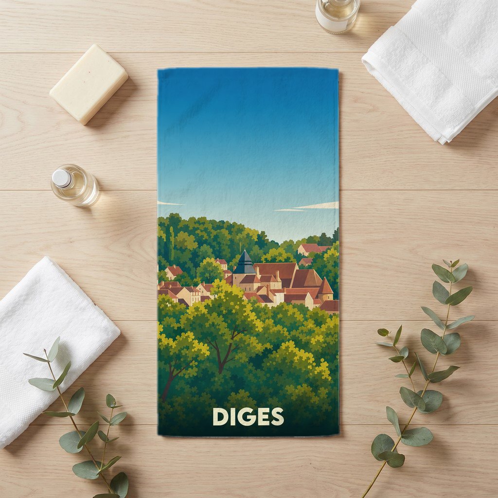 Serviette de bain souvenir de la ville de Diges avec une illustration stylisée de son paysage urbain entouré de verdure.
