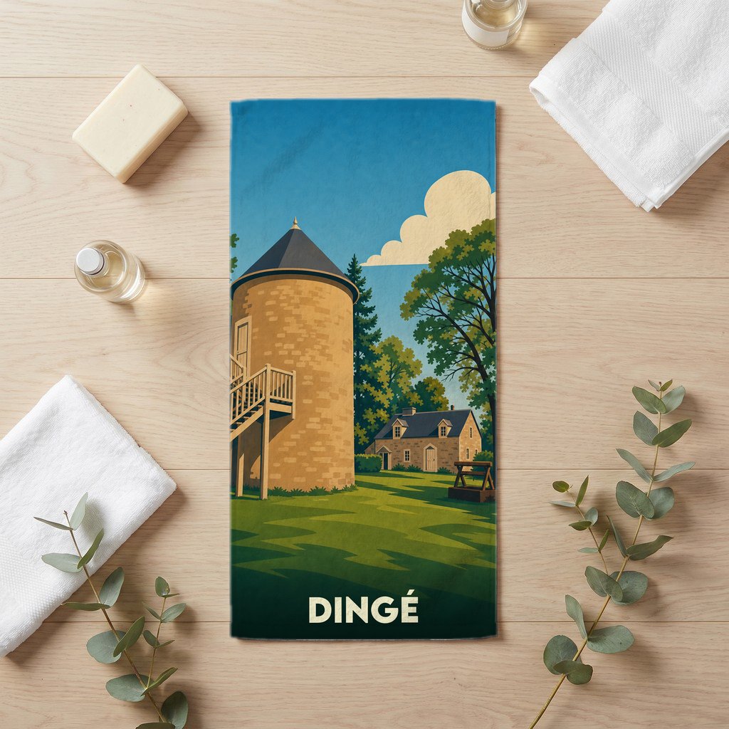 Serviette de bain souvenir de la ville de Dingé avec une illustration stylisée d'un paysage rural.