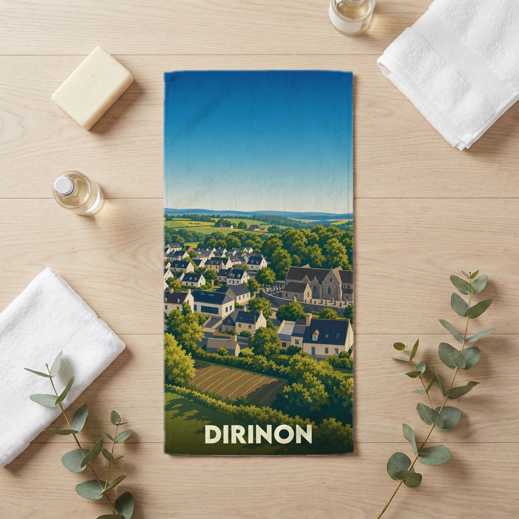 Serviette de bain souvenir de la ville de Dirinon avec une illustration stylisée de son paysage urbain et verdoyant.