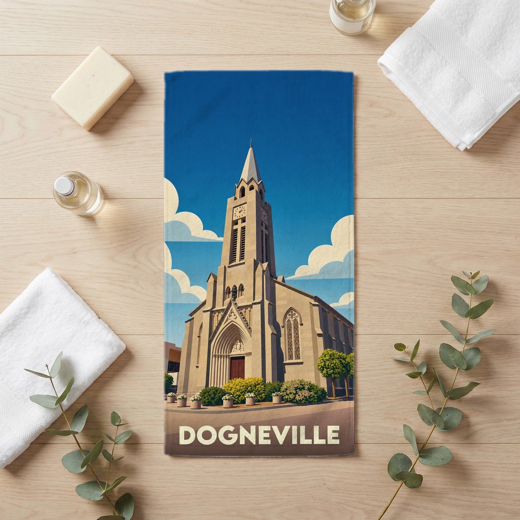 Serviette de bain souvenir de la ville de Dogneville illustrée par une église au style rétro.