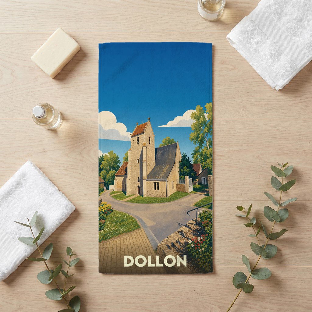 Serviette de bain souvenir de la ville de Dollon avec une illustration stylisée de son église.