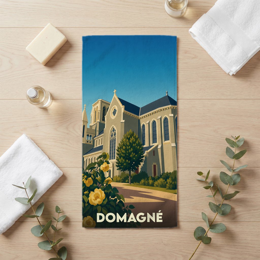 Serviette de bain souvenir de la ville de Domagné avec une illustration stylisée d'une église.