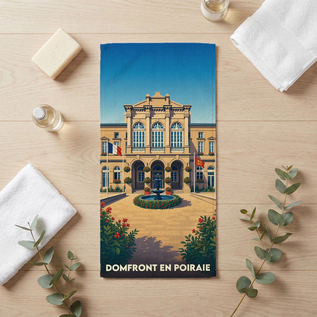 Serviette de bain souvenir de Domfront en Poiraie illustrant l'hôtel de ville et sa fontaine dans un style rétro.
