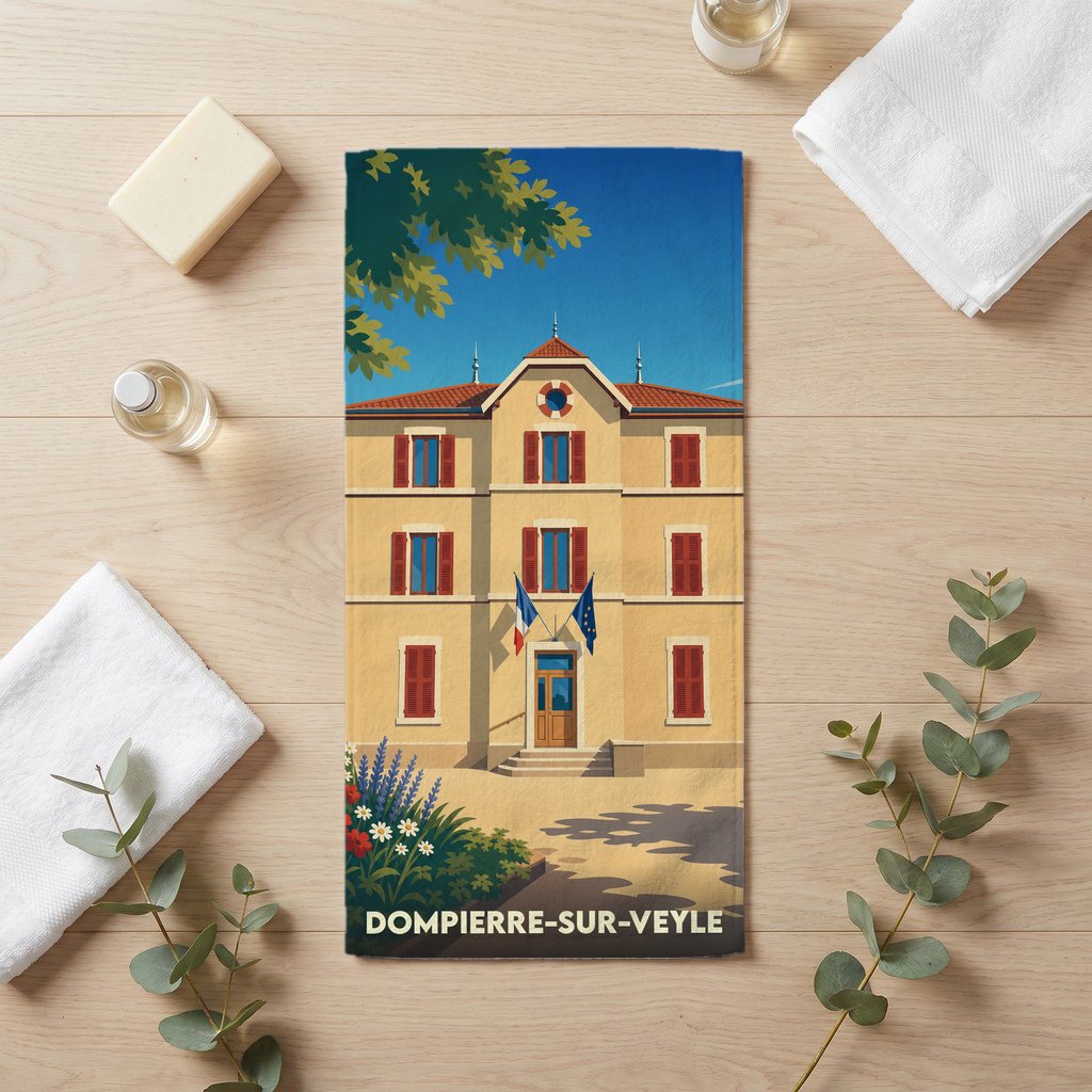 Serviette de bain souvenir de la ville de Dompierre-sur-Veyle avec une illustration stylisée de sa mairie.