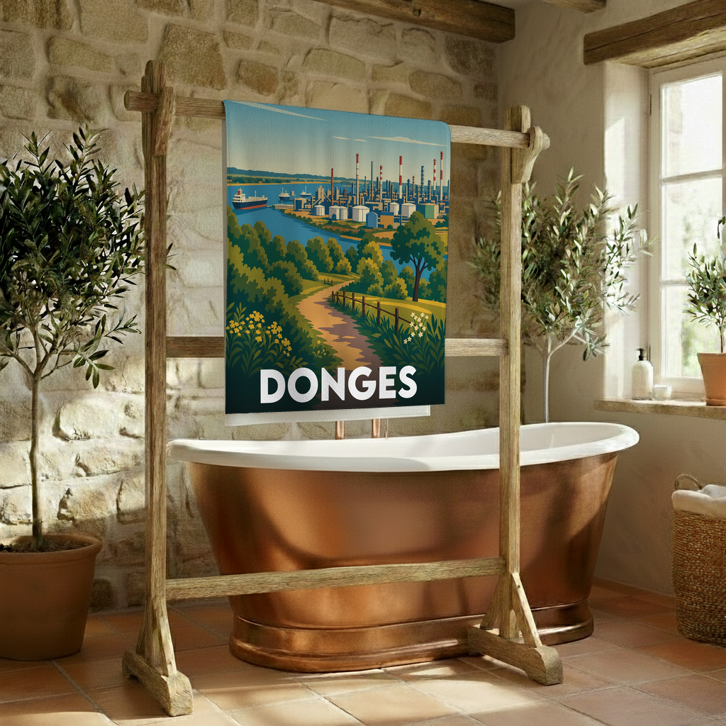 Serviette de bain souvenir de la ville de Donges avec une illustration stylisée.
