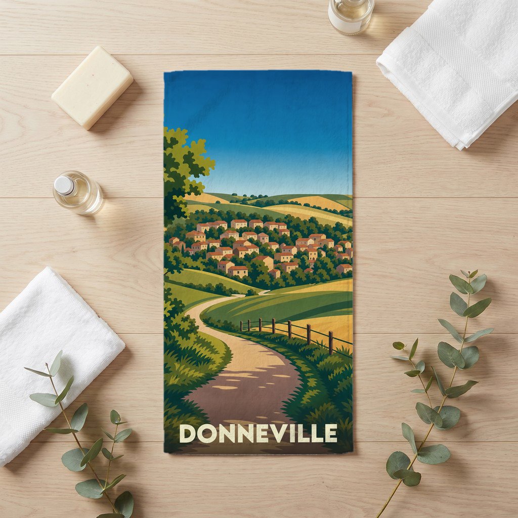 Serviette de bain souvenir de la ville de Donneville avec une illustration paysagère stylisée.