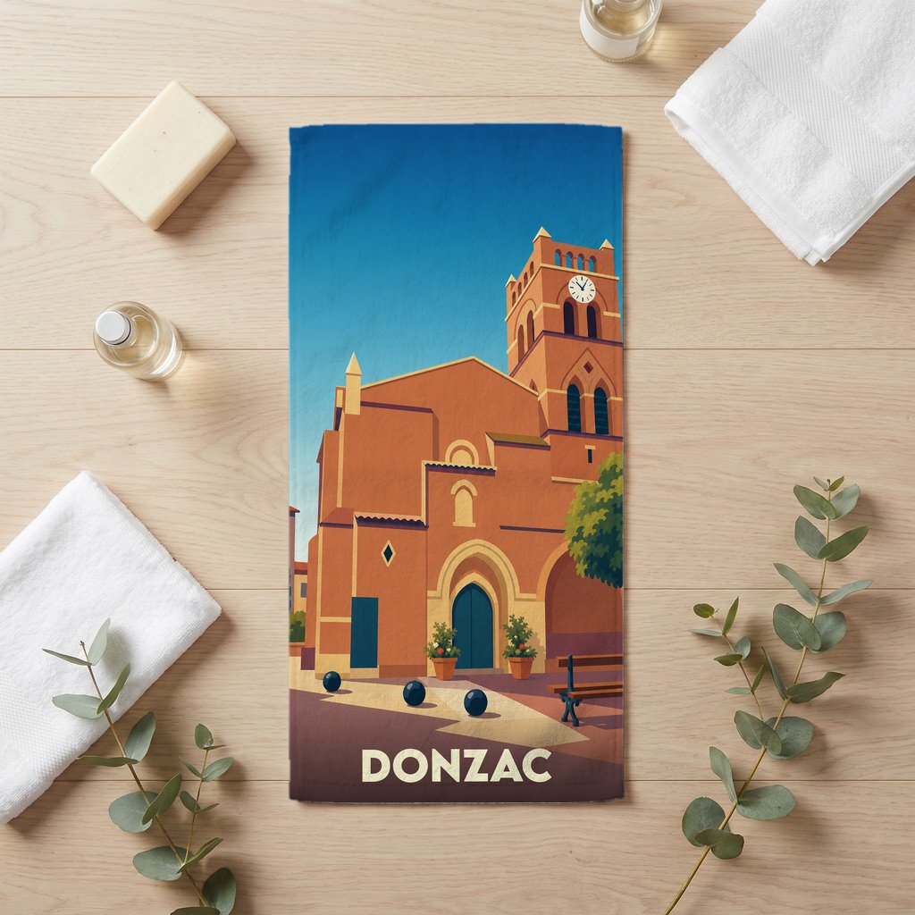 Serviette de bain souvenir de la ville de Donzac avec une illustration stylisée de son église.