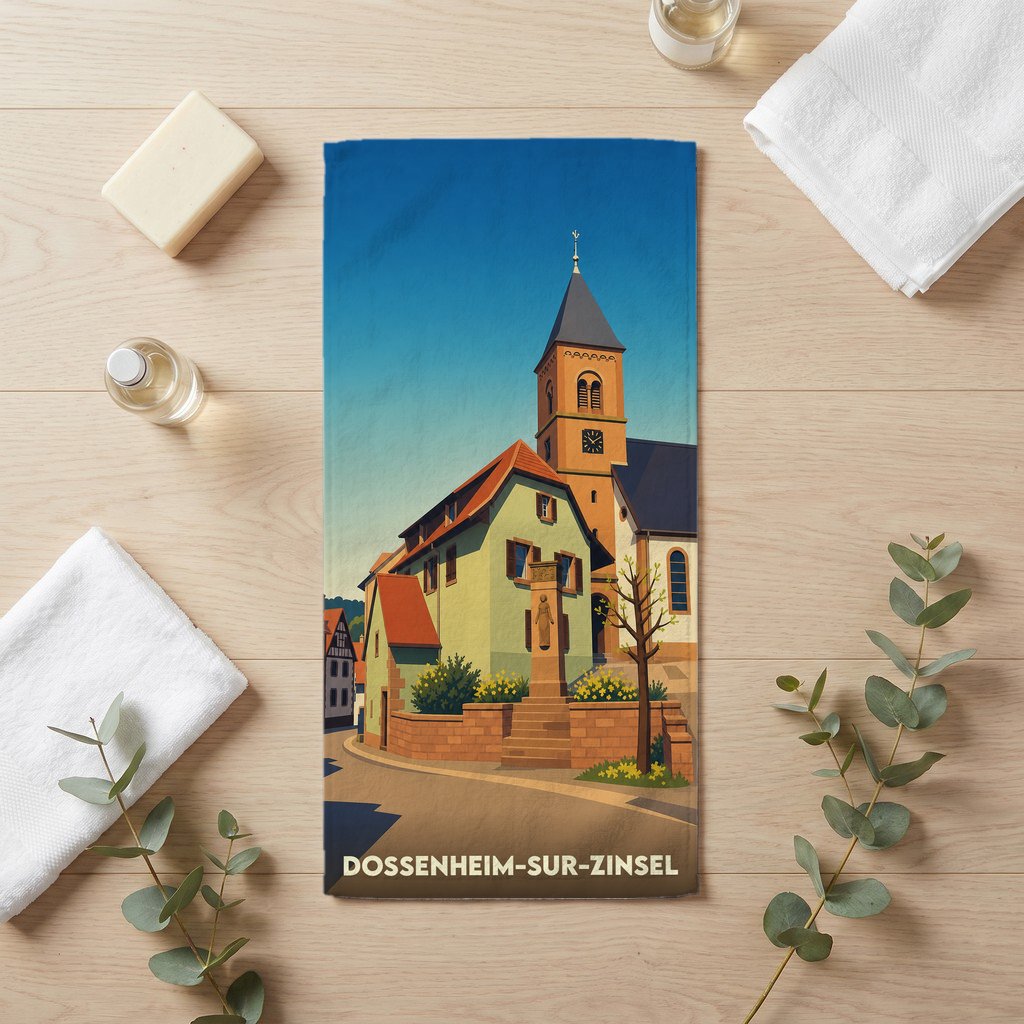 Serviette de bain souvenir de la ville de Dossenheim-sur-Zinsel avec une illustration stylisée.