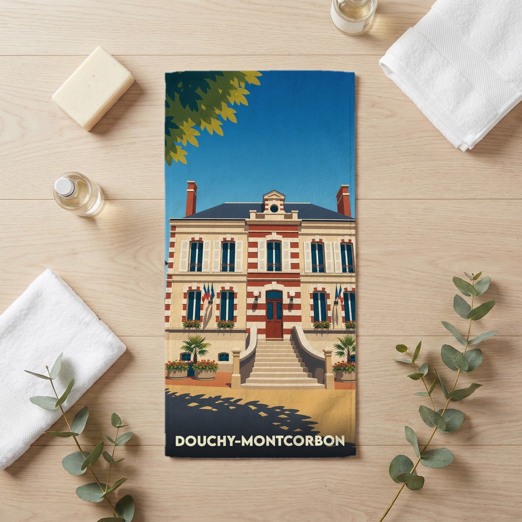 Serviette de bain souvenir de la ville de Douchy-Montcorbon avec une illustration stylisée de sa mairie.