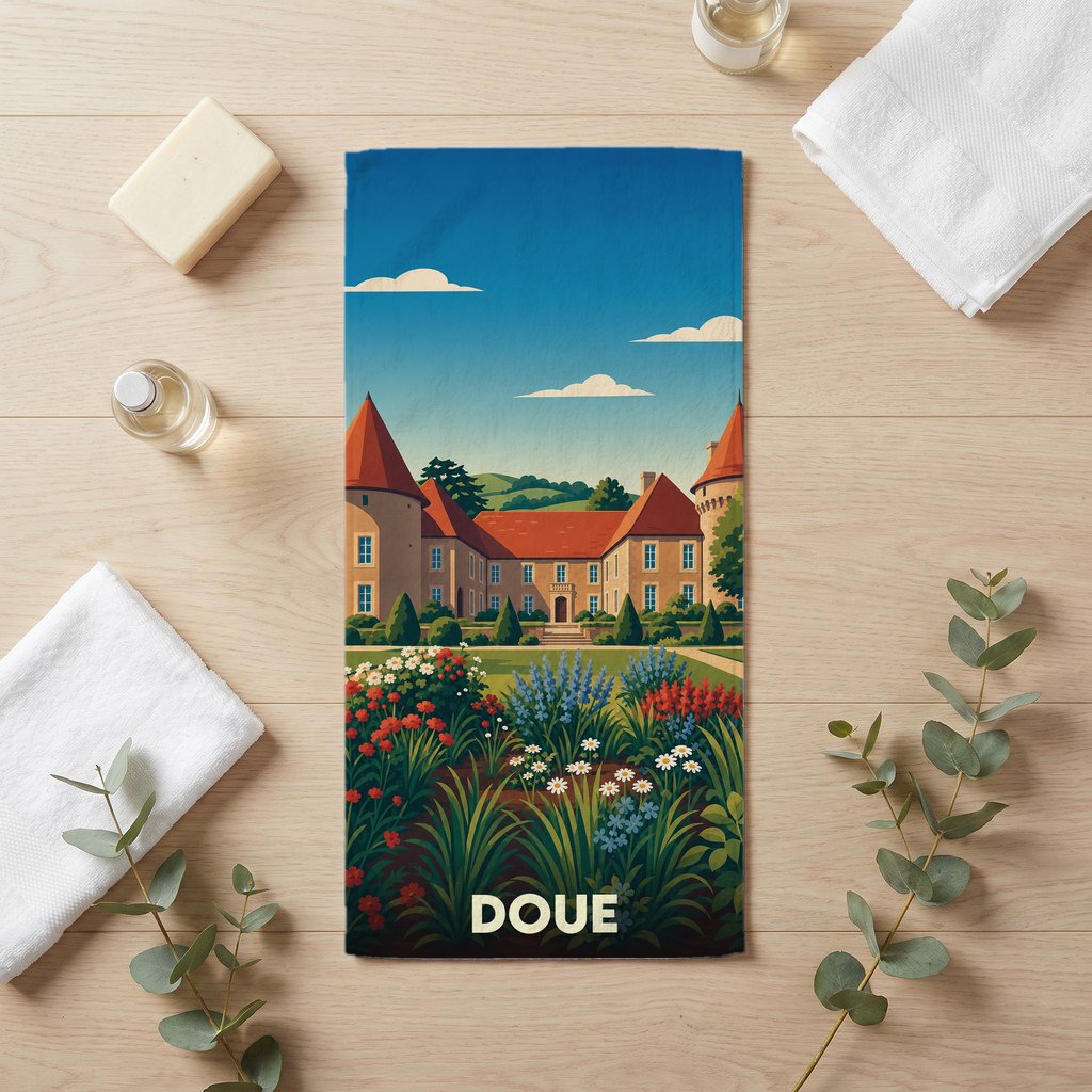 Serviette de bain souvenir de la ville de Doué illustrée par un château entouré de jardins fleuris.