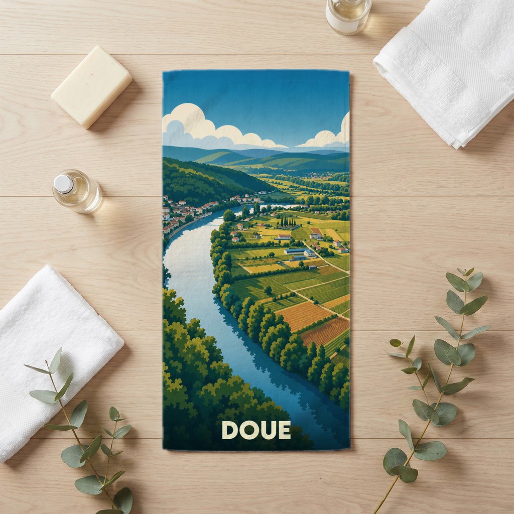 Serviette de bain souvenir de la ville de Doue avec une illustration stylisée d'un paysage de rivière et de collines.