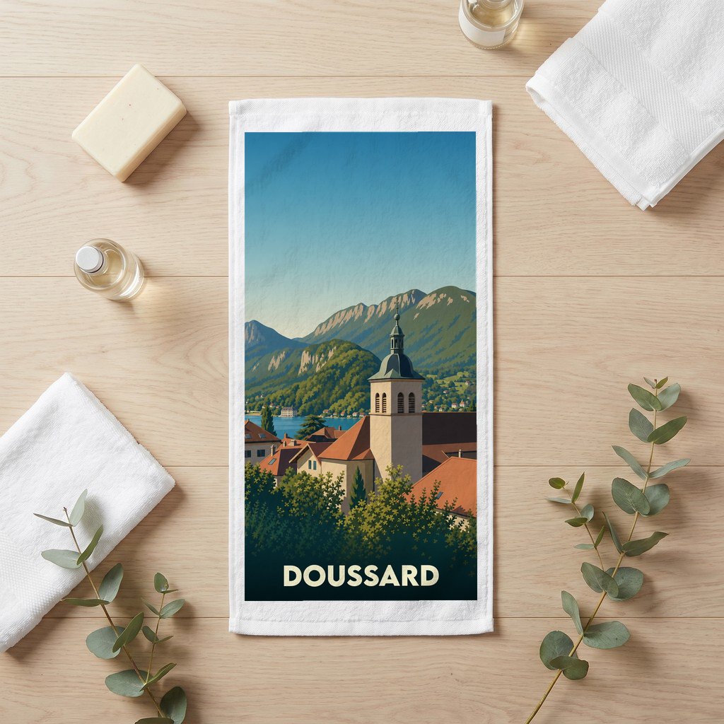 Serviette de toilette souvenir de la ville de Doussard avec une illustration stylisée de son clocher et des montagnes environnantes.