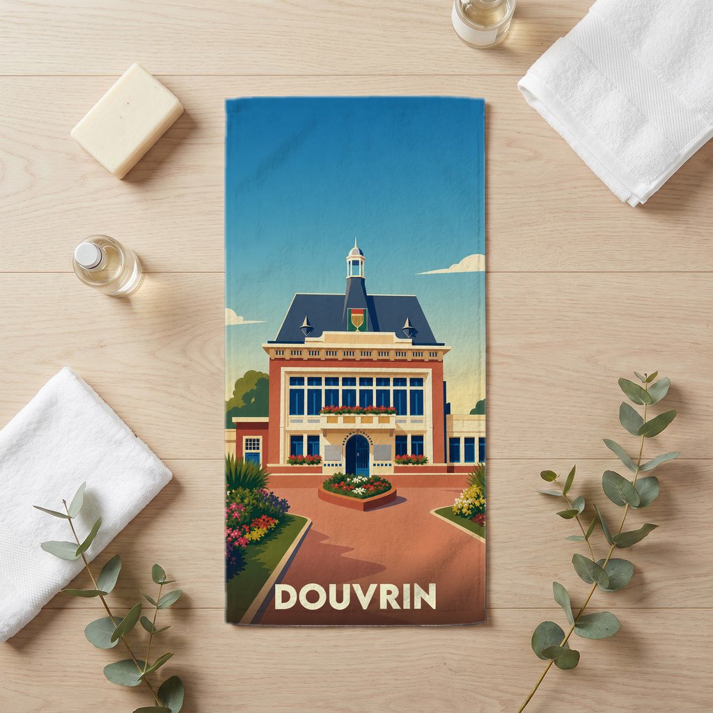 Serviette de bain souvenir de la ville de Douvrin avec une illustration stylisée de son hôtel de ville.