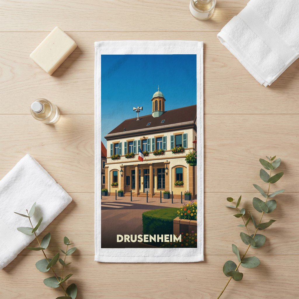 Serviette de bain souvenir de la ville de Drusenheim avec une illustration stylisée de son hôtel de ville.