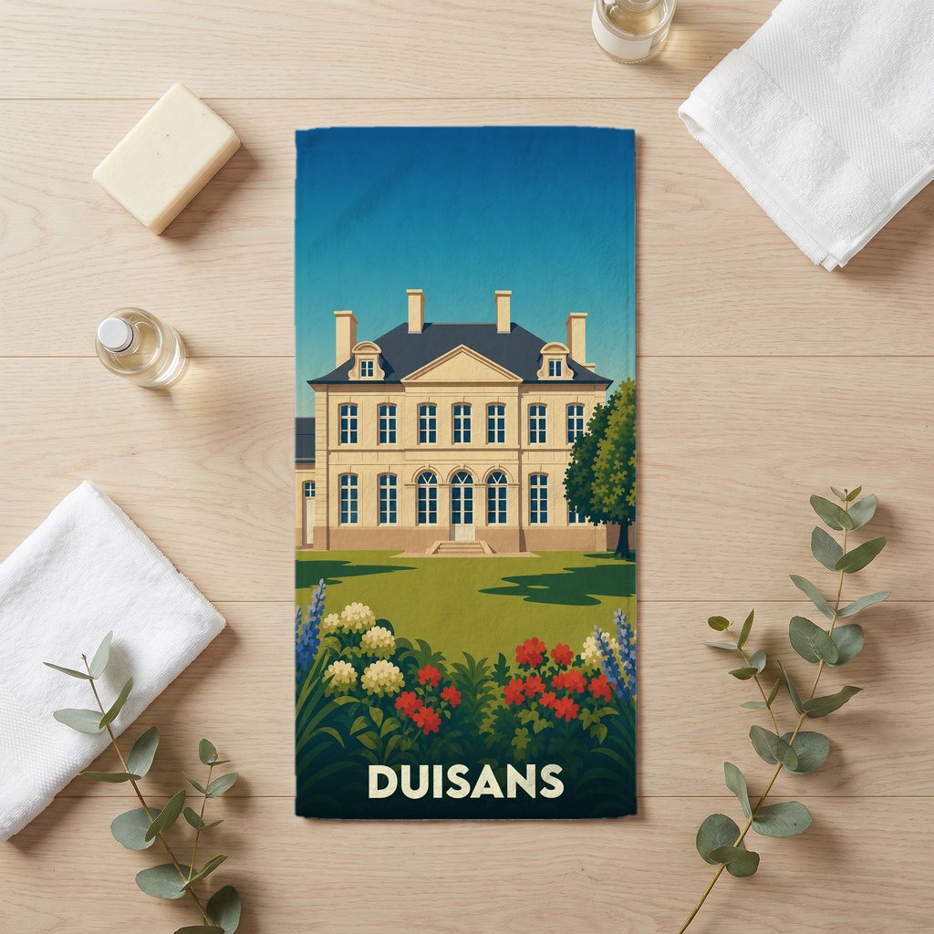 Serviette de bain souvenir de la ville de Duisans avec une illustration stylisée d'un château.