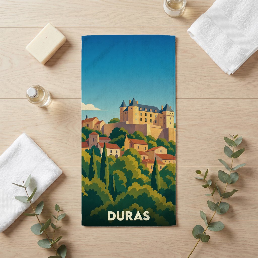 Serviette de bain souvenir de la ville de Duras avec une illustration stylisée de son château.