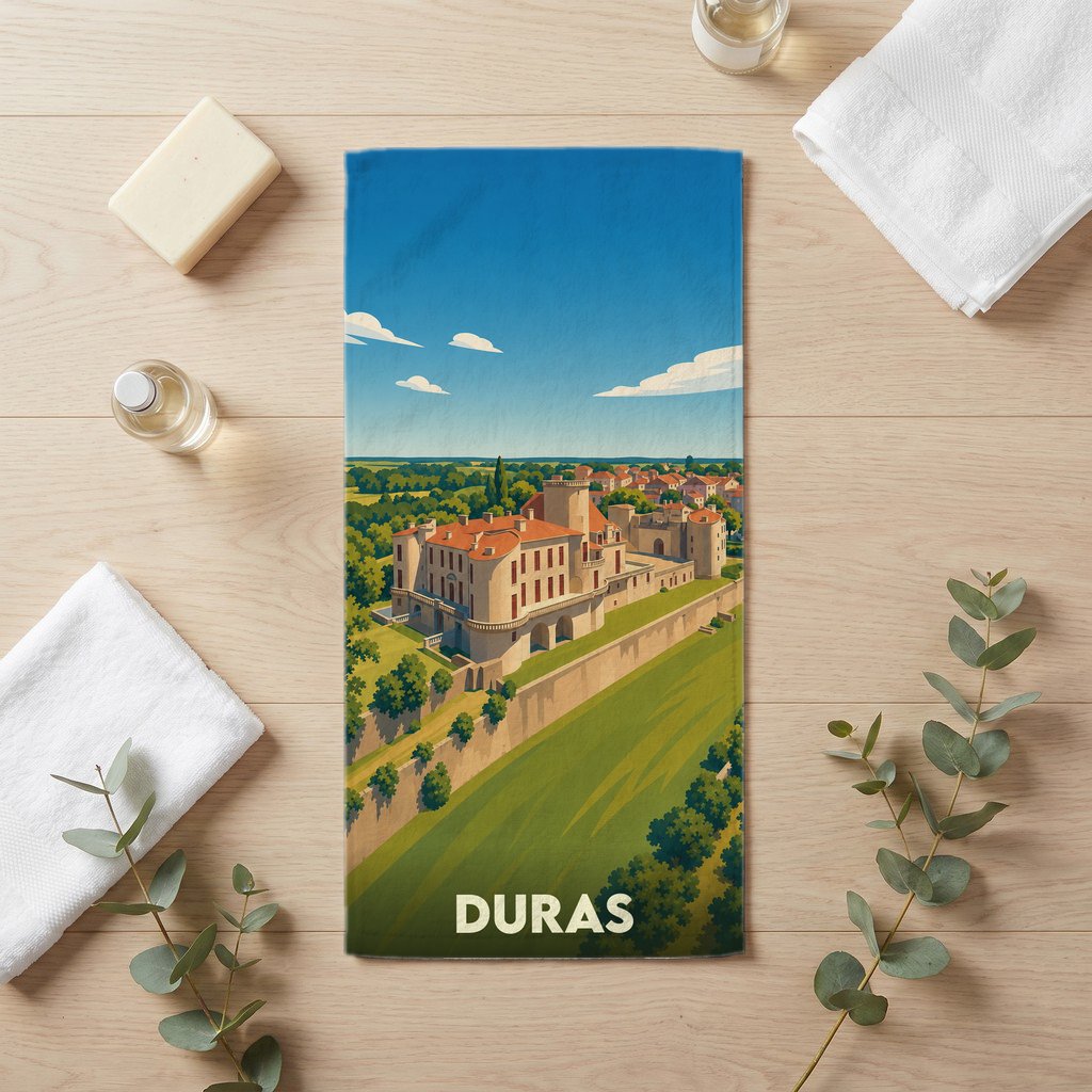 Serviette de bain souvenir de la ville de Duras avec une illustration stylisée de son château.