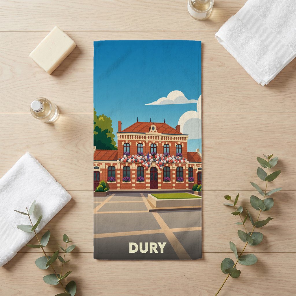 Serviette de bain souvenir de la ville de Dury avec une illustration stylisée de son hôtel de ville.