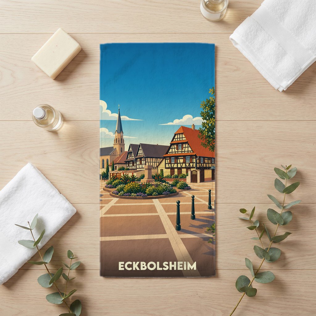 Serviette de bain souvenir de la ville d'Eckbolsheim avec une illustration stylisée de sa place centrale.