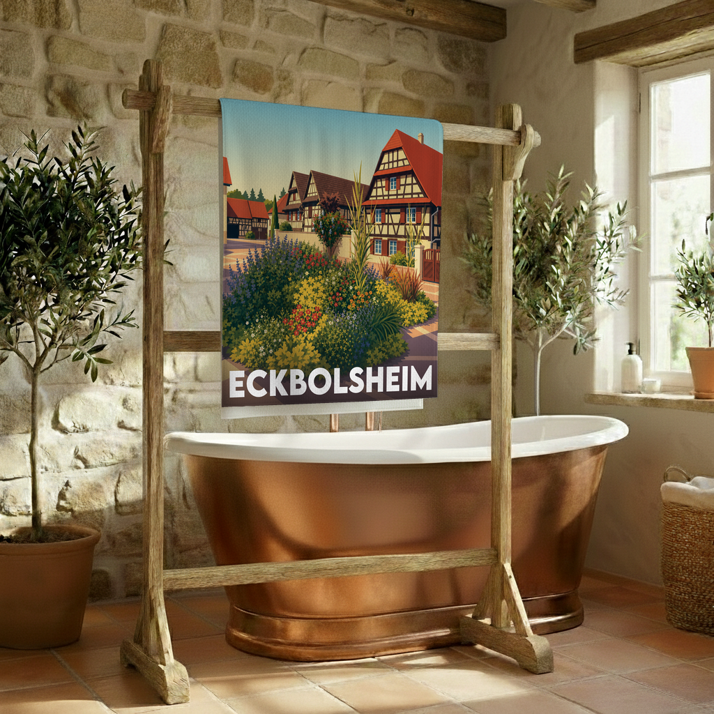 Serviette de bain souvenir de la ville de Eckbolsheim avec une illustration stylisée de maisons alsaciennes.