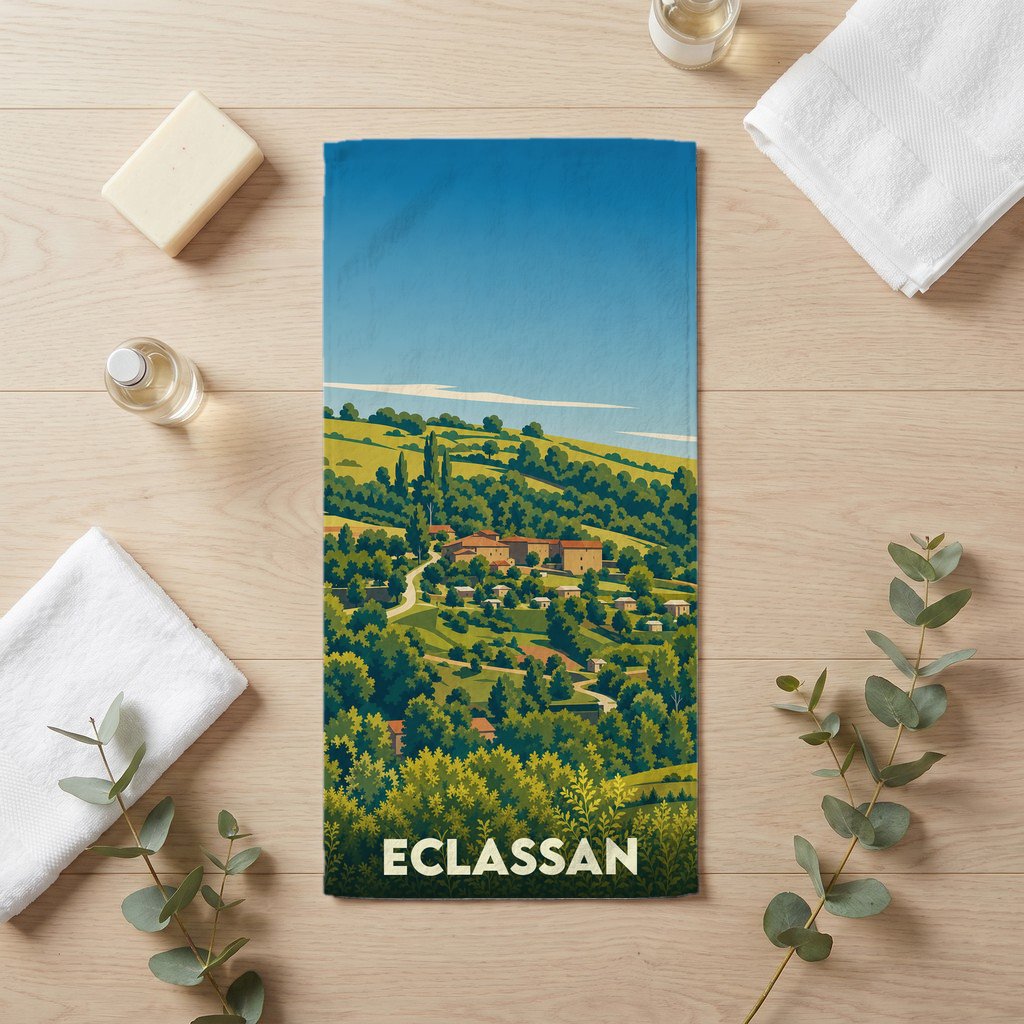 Serviette de bain souvenir de la ville de Eclassan avec une illustration paysagère stylisée.