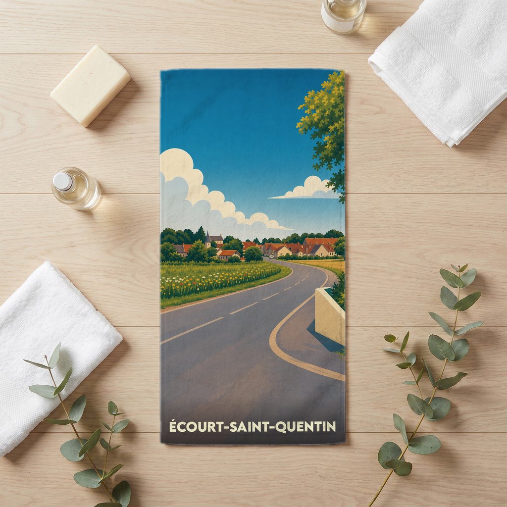 Serviette de bain souvenir de la ville d’Écourt-Saint-Quentin avec une illustration stylisée de ses paysages.
