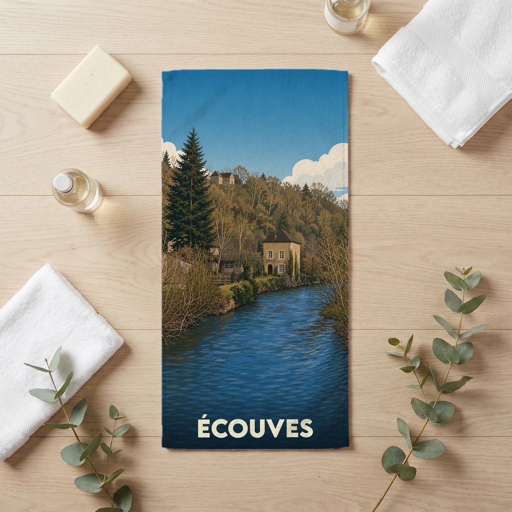 Serviette de bain souvenir de la ville d'Écouves avec une illustration stylisée d'un paysage fluvial.