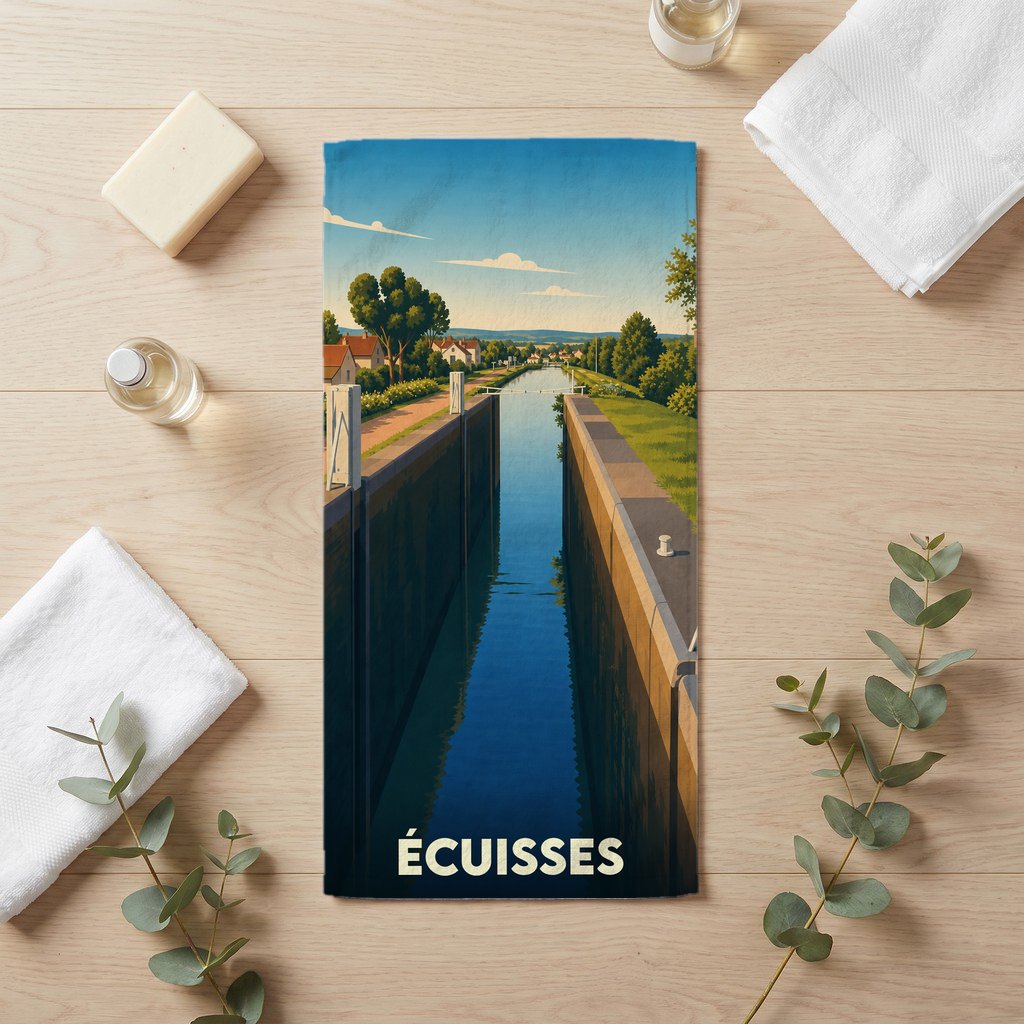 Serviette de bain souvenir de la ville d'Écuisses avec une illustration stylisée du canal et de ses écluses.